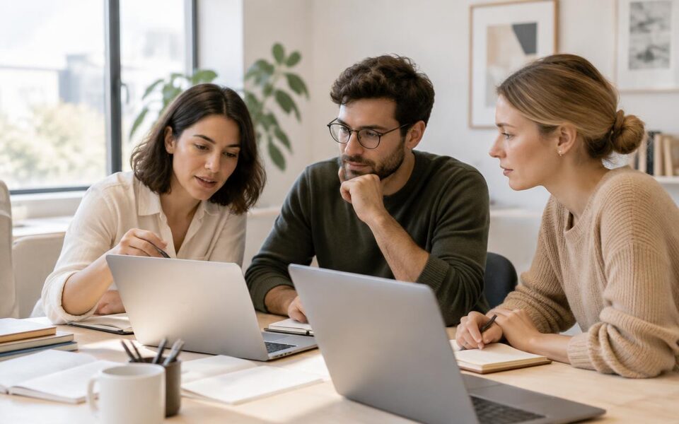 Small consulting team working together at a bright table